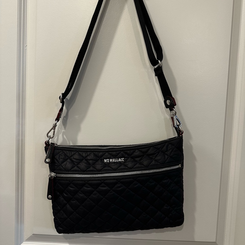 MZ Wallace Black Quilted Crossbody Bag with Silver Accents